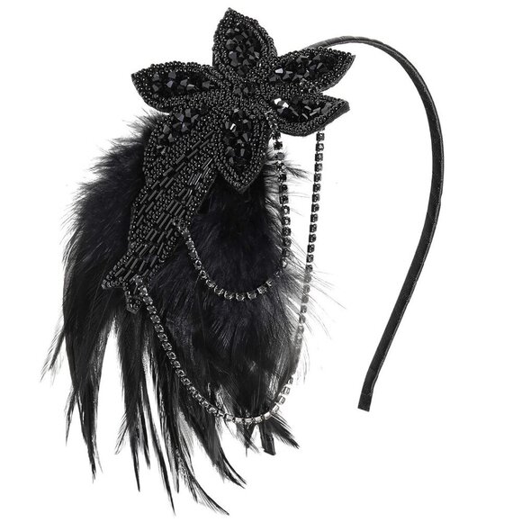 1920s Flapper Headband Feather Beaded Gatsby Roaring 20s Party Accessory main image 6